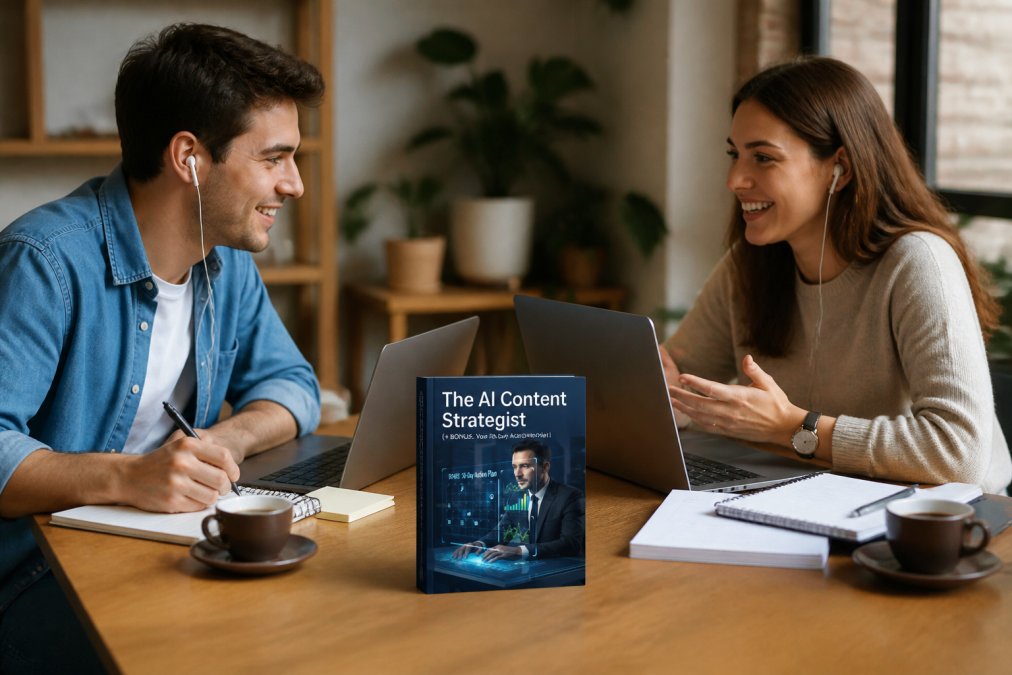 Two people sitting at a desk with laptops, video calling during an online study session, coffee cups nearby, focused and engaged
