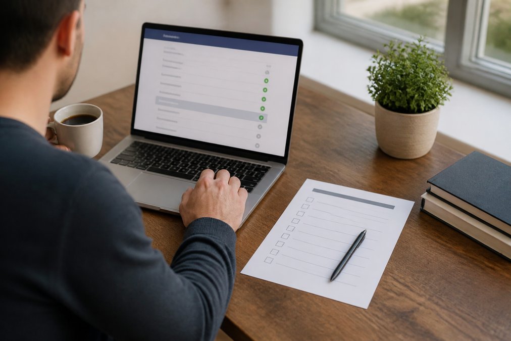 A person sitting at a tidy desk with a laptop showing an online course dashboard, a printed checklist beside it, and a pen resting on the paper, soft natural light from a window