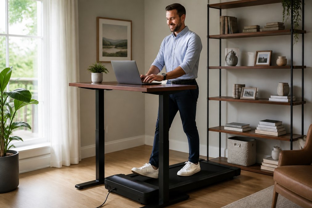 A professional in business casual attire walking on a compact foldable treadmill under a standing desk while typing on a laptop in a bright home office