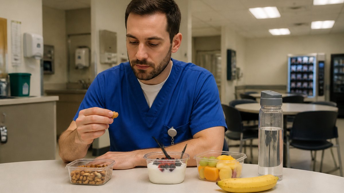 Night shift worker at a break room table with healthy snacks including nuts, fresh fruit, yoghurt, and a water bottle, fluorescent lighting overhead
