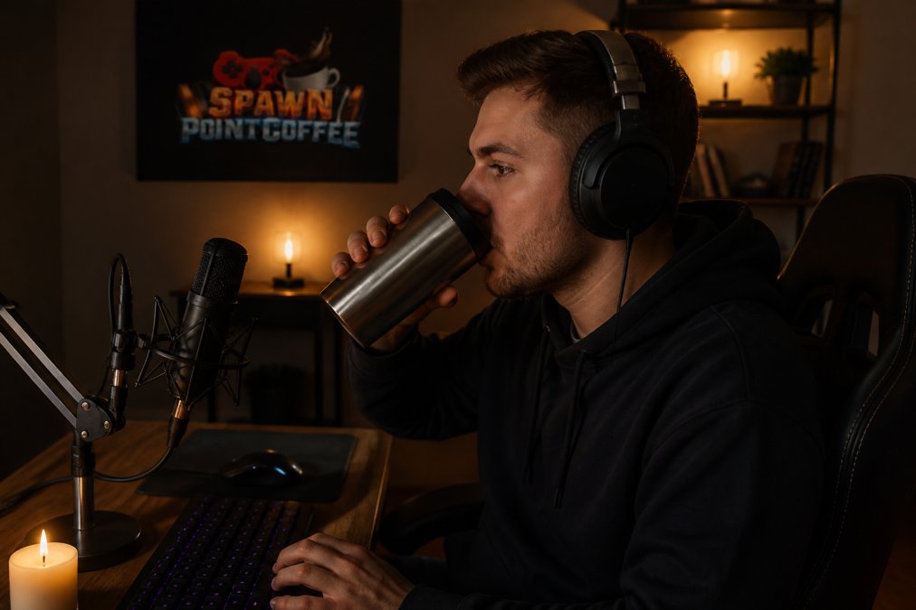 Streamer in a dark room sipping from a travel mug while monitoring a live broadcast during a night session