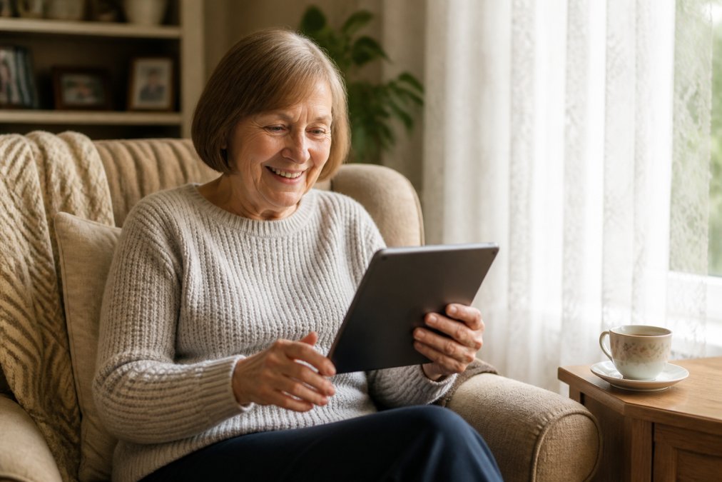 An older woman smiling warmly at a tablet screen during a video call, sitting in a cosy living room with a cup of tea on the side table beside her, soft afternoon light coming through net curtains
