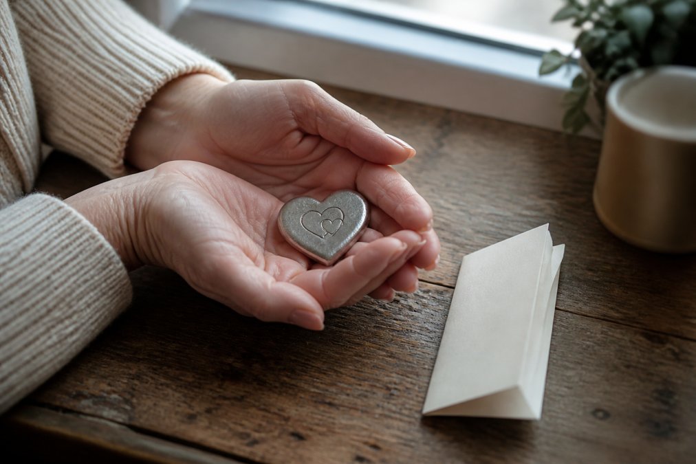 Close-up of a woman's hands cradling a small, beautifully hand-finished keepsake token on a worn wooden table, a handwritten note folded beside it, warm natural light from a nearby window