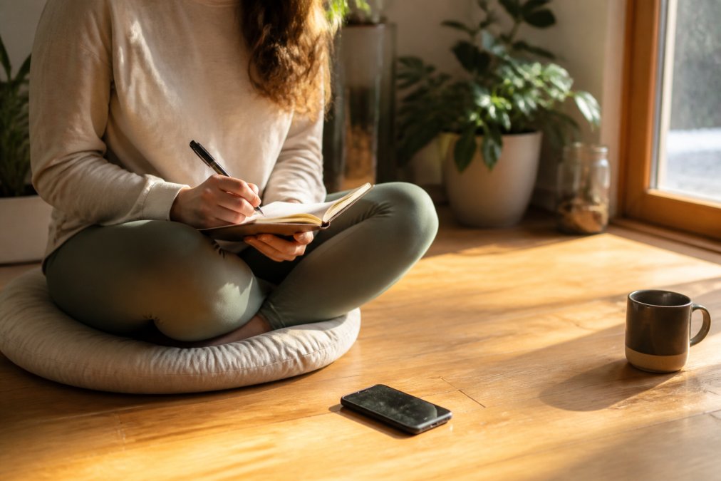 A person sitting cross-legged on a cushion in a sunlit room, writing in a small journal with a pen, a smartphone showing a habit tracking app resting nearby on a wooden floor