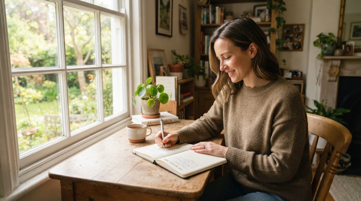 Person sitting at a clean desk with an open journal, water bottle, and phone placed in a drawer, natural light streaming through a window, calm focused expression on their face