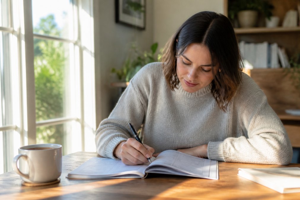 Person sitting at a desk with an open workbook, pen in hand, morning light from a window, coffee cup nearby, focused expression