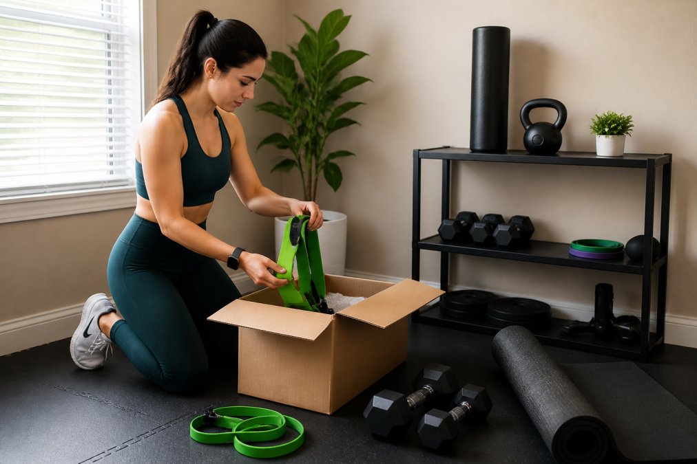 A person in workout clothes using resistance bands in a small, tidy home gym corner with a yoga mat, dumbbells, and a fitness tracker on their wrist