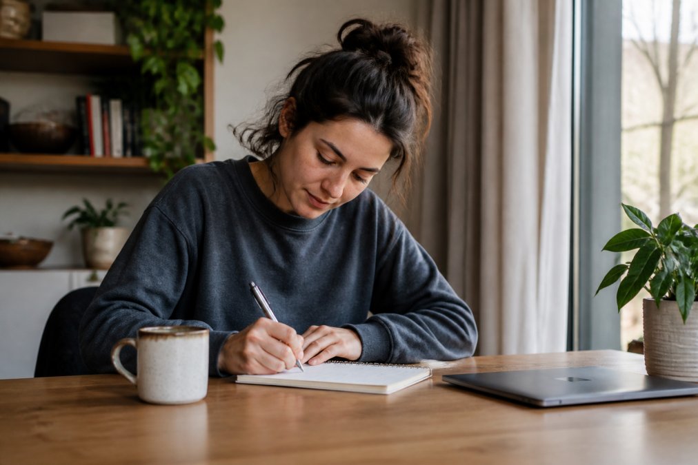 A person in a crewneck sweatshirt sitting at a tidy home desk in the morning, writing a short to-do list in a notebook beside a mug of coffee and a closed laptop