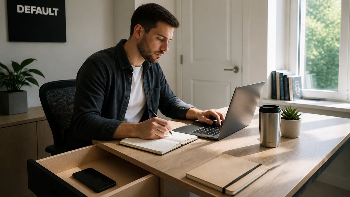 An office worker at a tidy desk with a closed door, phone face-down in a drawer, and a notebook open beside a laptop, mid-morning light through the window