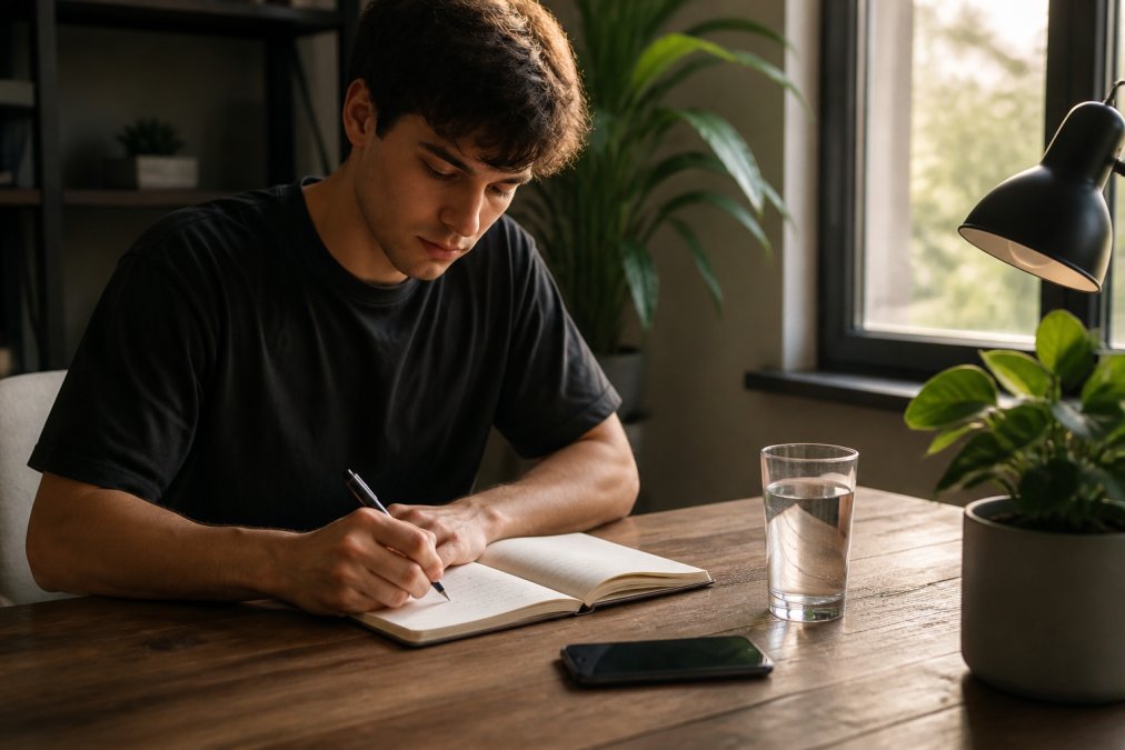 Young adult writing in a journal at a tidy morning desk to stay focused on goals and build daily momentum.