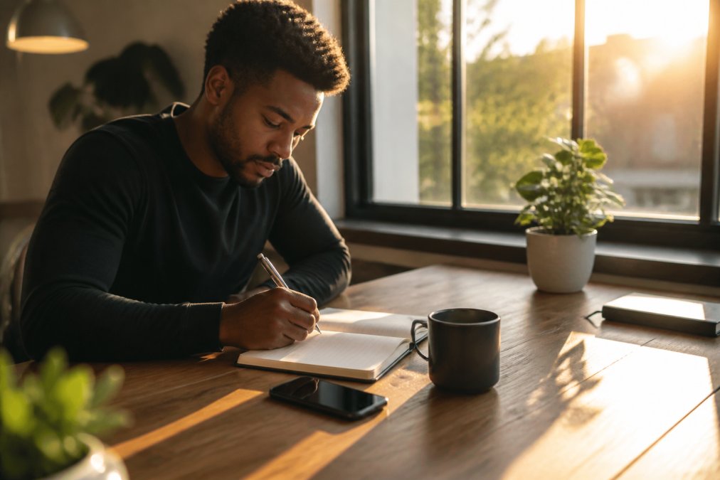 Professional at desk in early morning with coffee, notebook, and phone on silent, natural light streaming through window, focused and determined to start the day