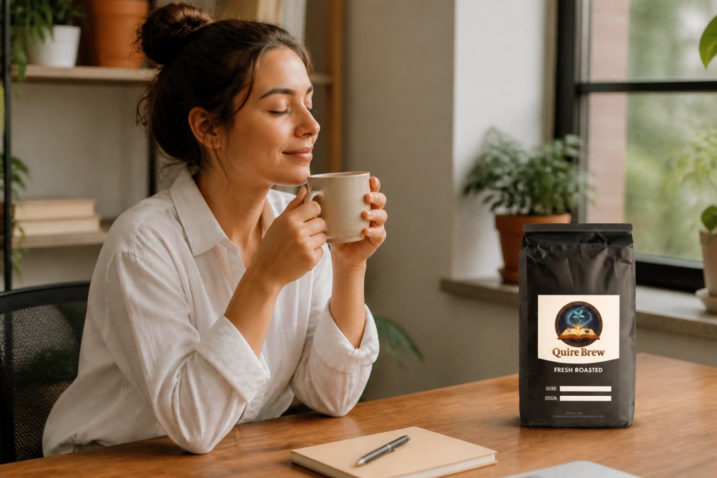 Person sitting at a tidy wooden desk, hands wrapped around a warm ceramic mug of coffee, eyes closed in a brief moment of calm, warm natural light streaming through a nearby window onto a clean workspace