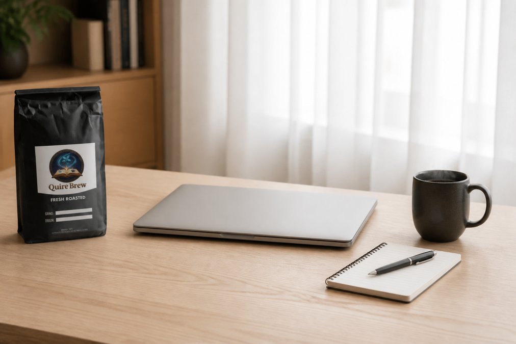 Clean, minimalist home office setup with a laptop, a small notebook, a pen, and a steaming coffee mug on a light wood desk, no clutter, soft natural light filtering through sheer curtains, no additional objects on the desk surface