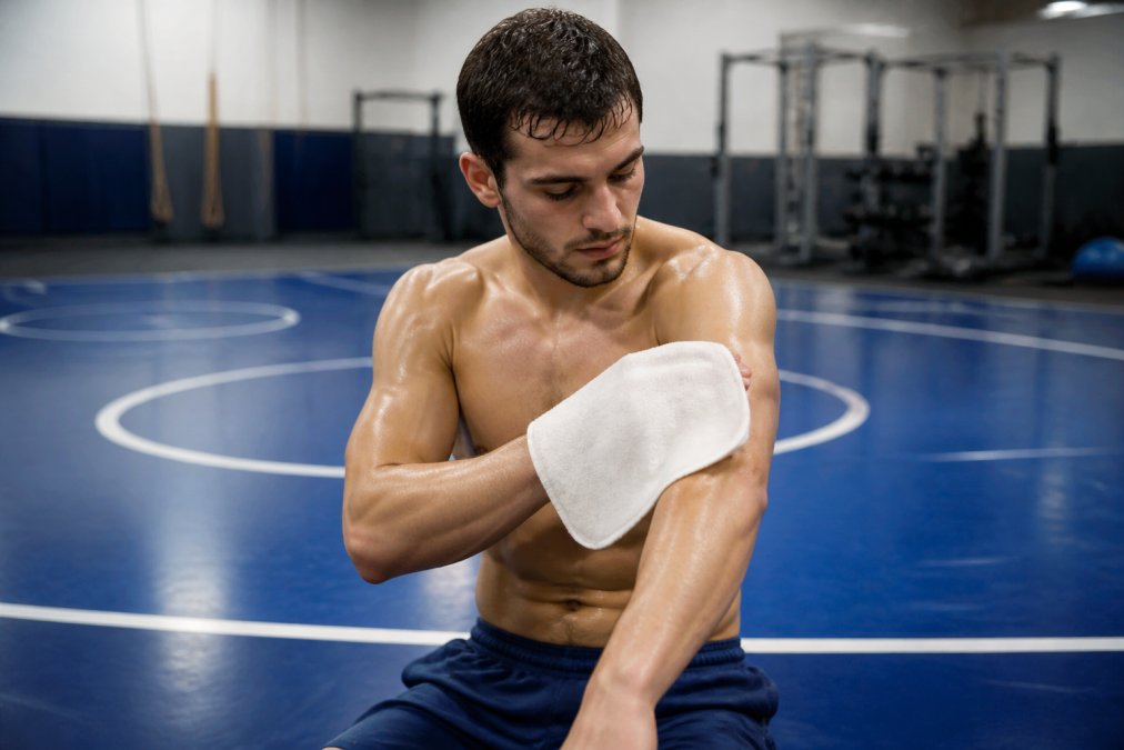 A wrestler in gym attire using a large body wipe mitt to clean his forearms and torso near a blue wrestling mat under bright gym lighting, expression focused and refreshed