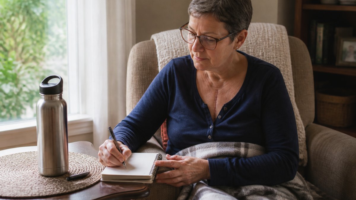 A person recovering at home writing in a small notebook on a side table, with a stainless steel water bottle and a pen beside them, soft natural light from a window