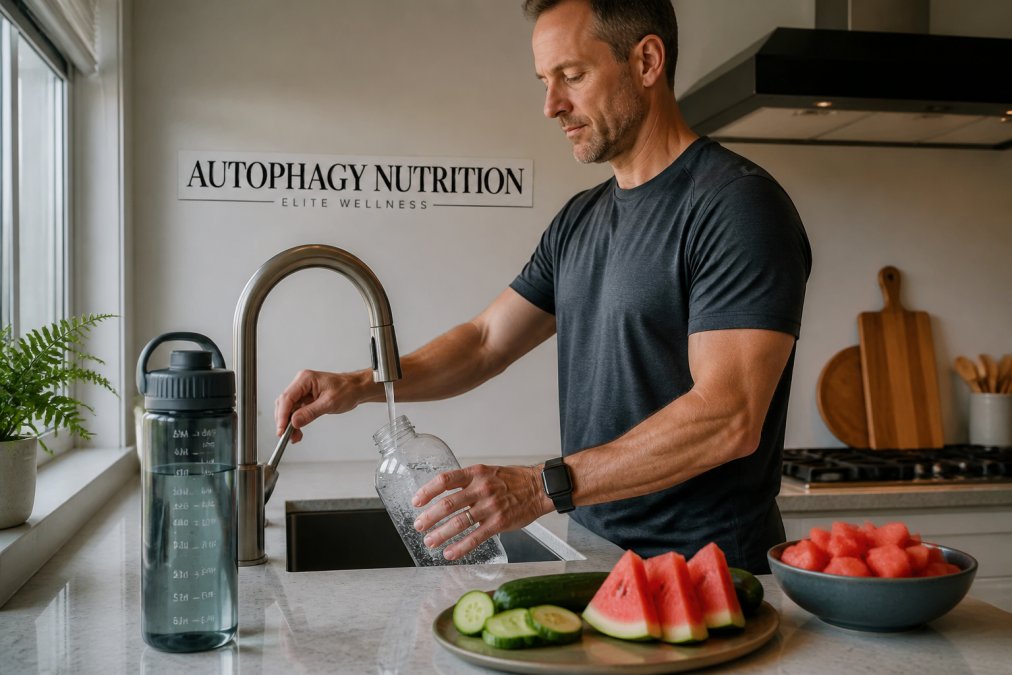 Person filling a large glass water bottle in a kitchen with sliced cucumber and watermelon nearby