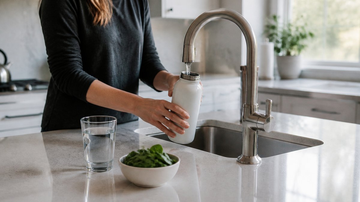 A person filling a reusable water bottle at a kitchen sink, with a glass of water and a small bowl of leafy greens nearby on a bright countertop