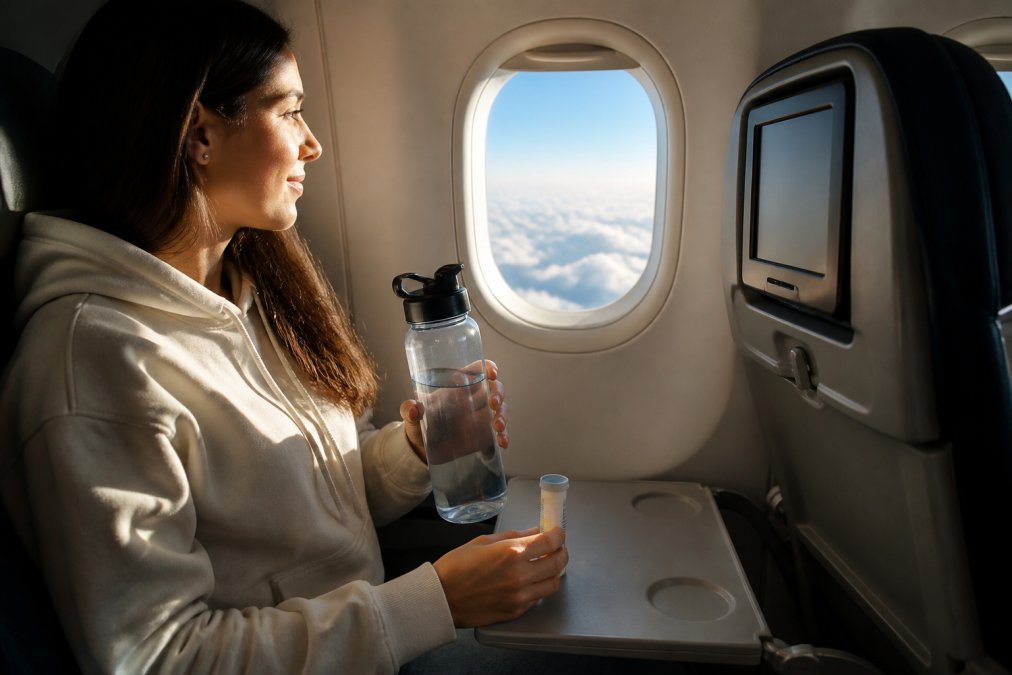 Infographic showing a step-by-step process to stay hydrated while traveling with a water bottle and electrolyte tablets.