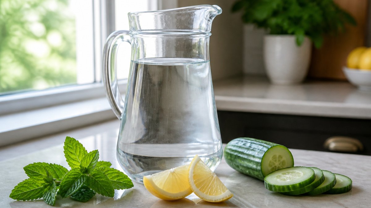 A clear glass pitcher of water on a kitchen counter with fresh cucumber slices, lemon wedges, and mint leaves beside it, natural daylight coming through a window