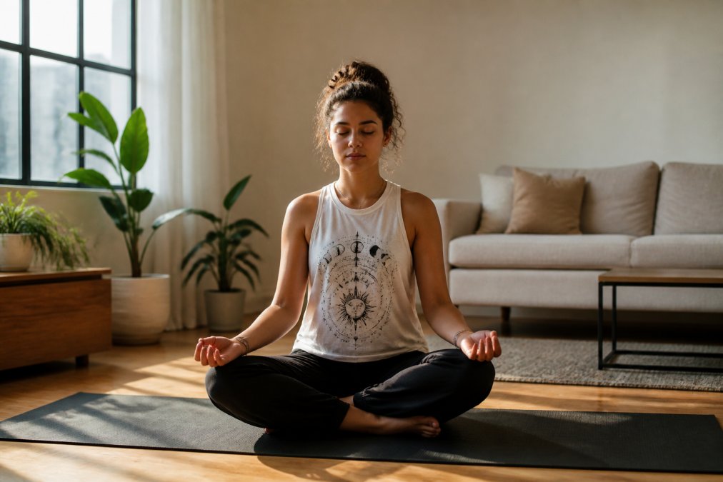 A young adult sitting cross-legged on a yoga mat in a sunlit minimalist living room, eyes closed, hands resting on knees, wearing a loose-fitting spiritual graphic tank top