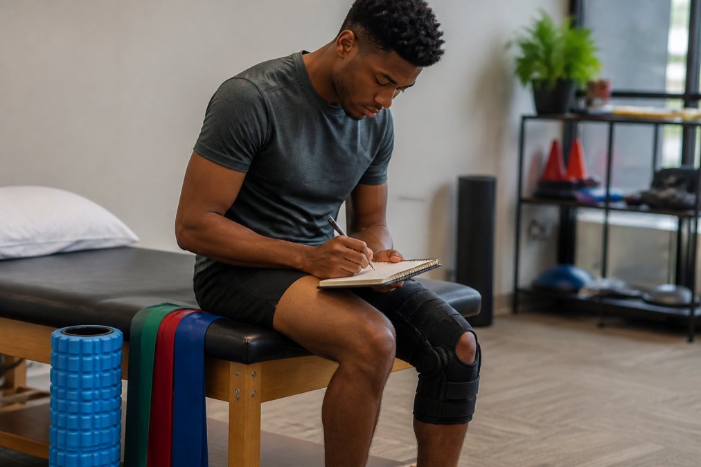 An athlete sitting on the edge of a treatment table writing short-term rehab goals in a notebook, with resistance bands and a foam roller nearby in a physical therapy room