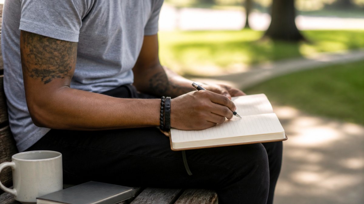 Person sitting on a bench outdoors in natural daylight, looking thoughtful while writing in a journal or notebook, reflecting on personal goals and life direction