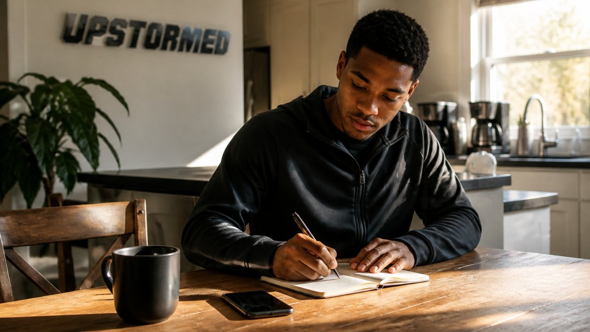 A person in athleisure wear writing in a small notebook at a kitchen table in early morning light, coffee mug and phone nearby, calm and focused mood