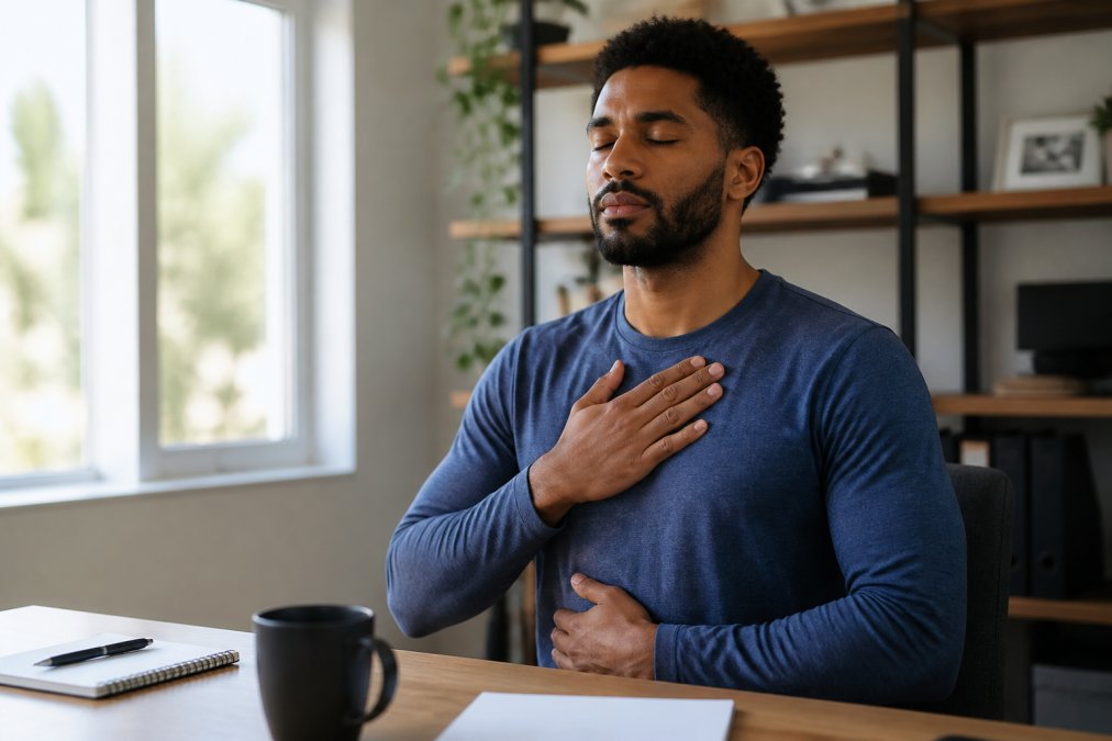 A person sitting alone at a desk with eyes closed, one hand resting on their chest, practicing slow breathing in a calm home office with soft natural light through a window