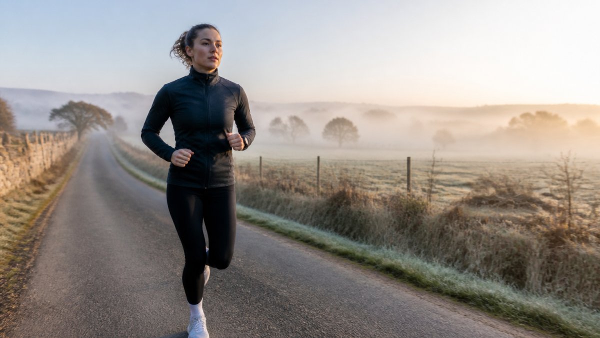 Solo runner in morning light on an empty rural path, wearing running gear, focused expression, misty landscape stretching behind