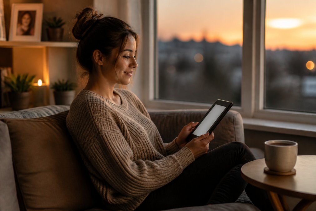 A person reading an e-reader on a sofa in a softly lit living room, a cup of tea on the side table, evening light through the window