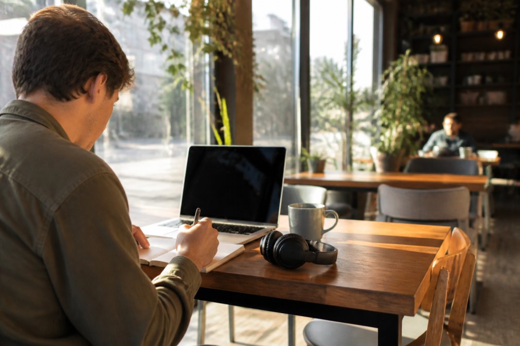 Infographic illustrating the ideal coffee shop productivity setup with a laptop, task list, and headphones.