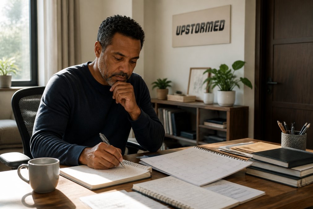 A focused professional in their 40s reviews notes and a calendar at a bright home desk while navigating career changes.