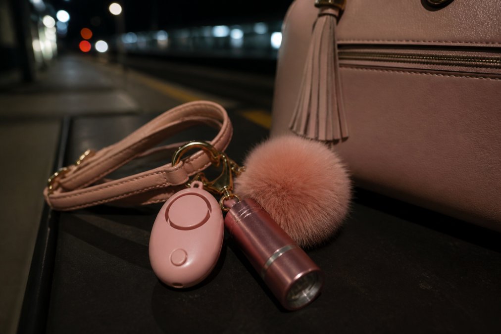 Close-up flat lay of a stylish women's personal safety keychain set on a dark surface, featuring a personal alarm, mini flashlight, and pom-pom charm attached to a wristlet, with a handbag visible in the background