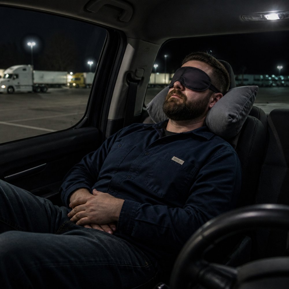 A night shift worker resting in a reclined car seat in a dim parking lot, eyes closed with a small pillow and sleep mask, dashboard clock showing early morning hours