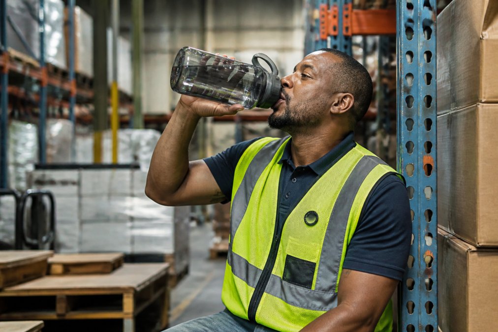 A warehouse worker in a high-visibility vest taking a drink from a large water bottle during a short break near industrial shelving