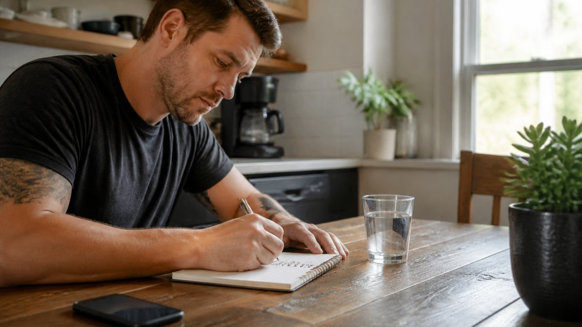 Infographic showing a 24-hour plan to stay sober alone at a kitchen table with a notepad and water.