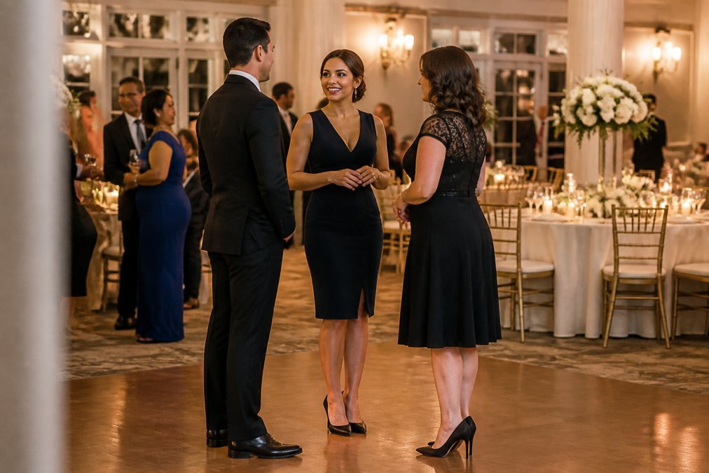 A professional woman in elegant heels standing with proper posture at a wedding reception, weight evenly distributed, smiling while conversing with guests