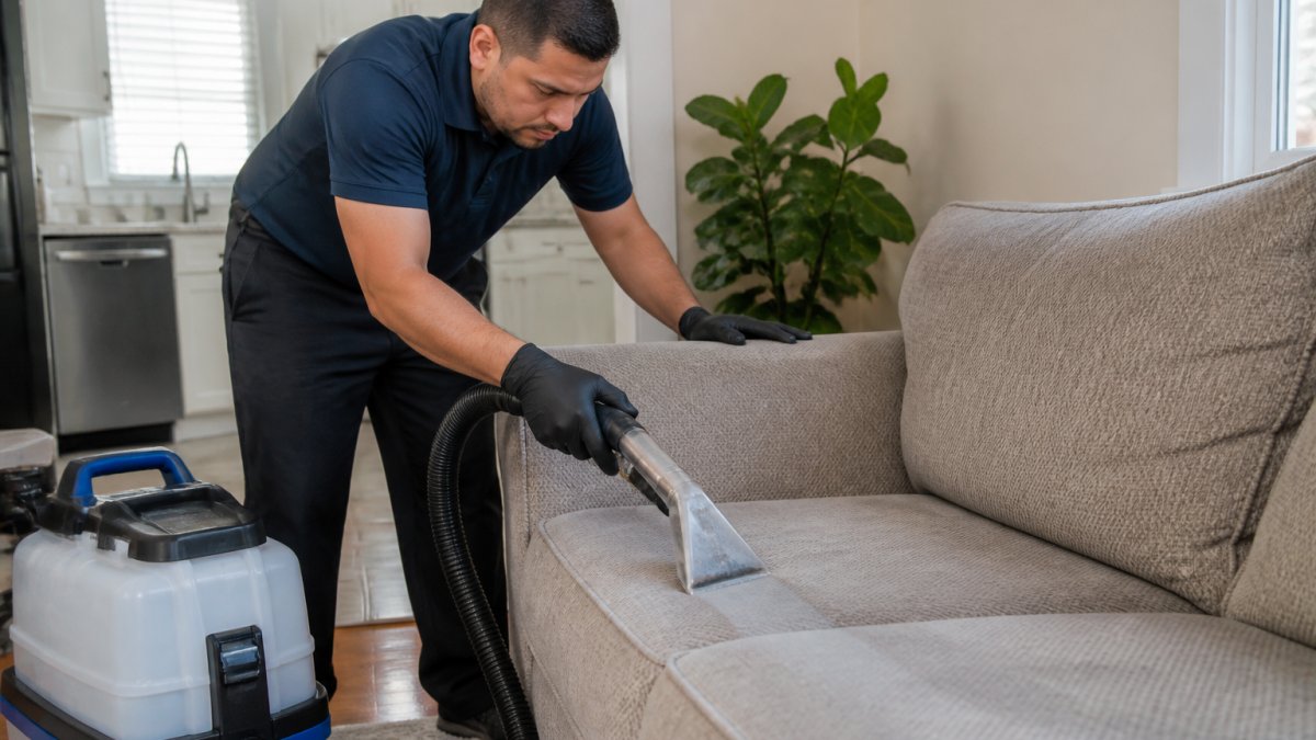 Professional demonstrating upholstery steam cleaning technique on fabric couch with handheld attachment and water tank visible in modern home setting