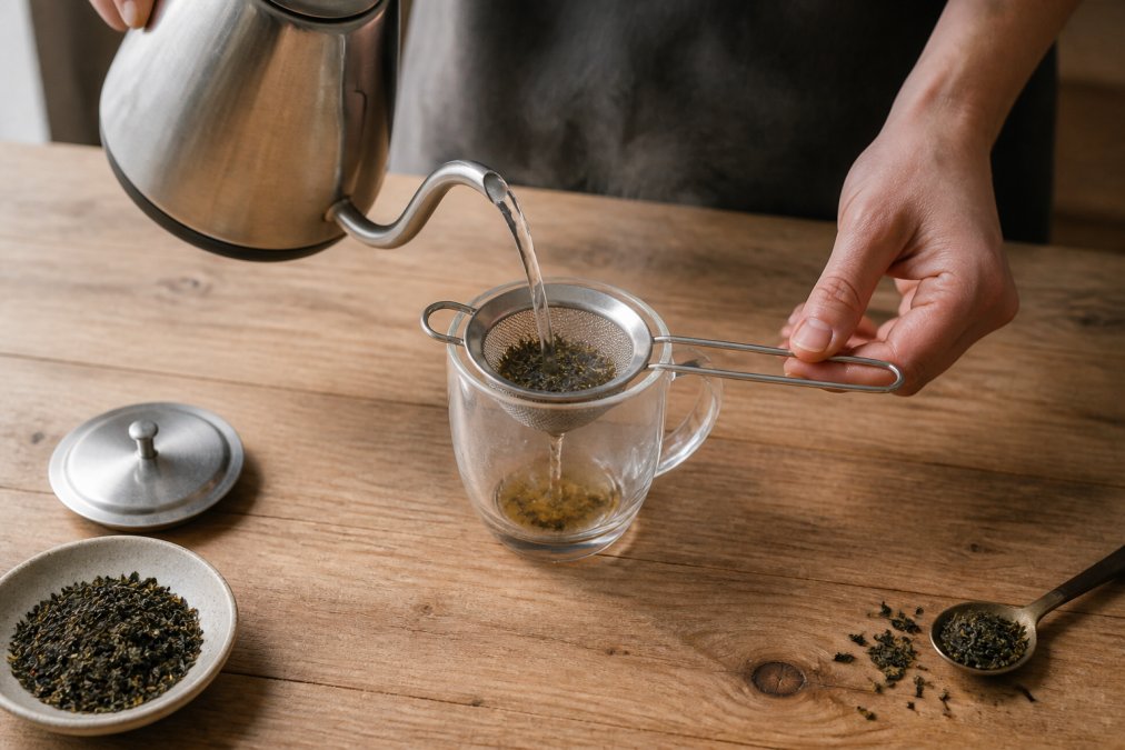 Hands pouring hot water from a kettle to steep loose leaf tea in a stainless steel mesh infuser within a glass mug