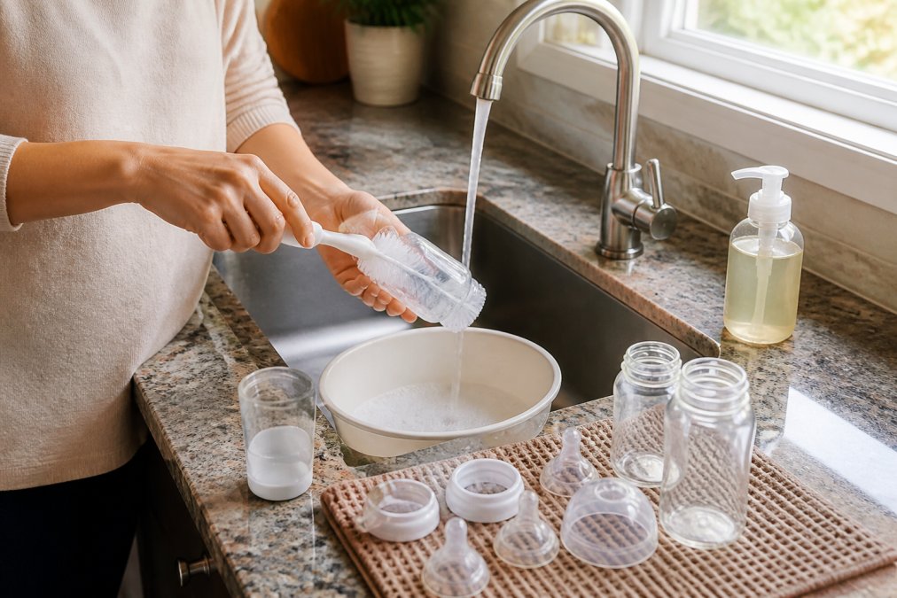 Parent using a bottle brush to scrub a baby bottle before you sterilize baby bottles at the kitchen sink
