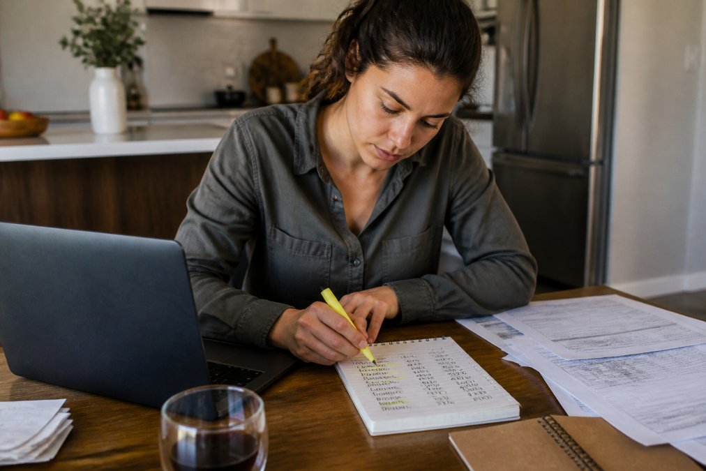 A young adult sitting at a kitchen table with a laptop, a stack of pay stubs, and a handwritten list of monthly bills, highlighting figures with a pen