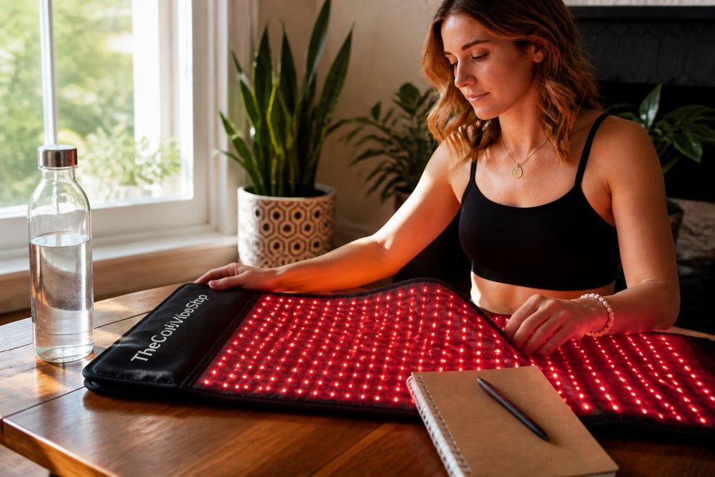 Person setting up a morning wellness routine at home with a massage device on a table next to a water bottle and wellness journal, natural morning light streaming through window