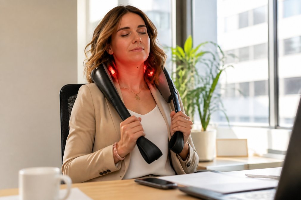 Office worker using a neck massager at their desk during a work break, showing real-world wellness integration with natural office lighting