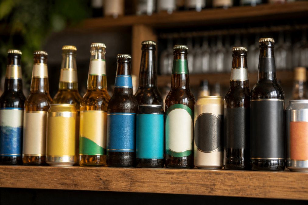 Close-up of diverse alcohol-free beer bottles and cans arranged on a wooden bar shelf, showing a range of golden lagers, dark stouts, and amber IPAs with varied label designs and condensation on glass