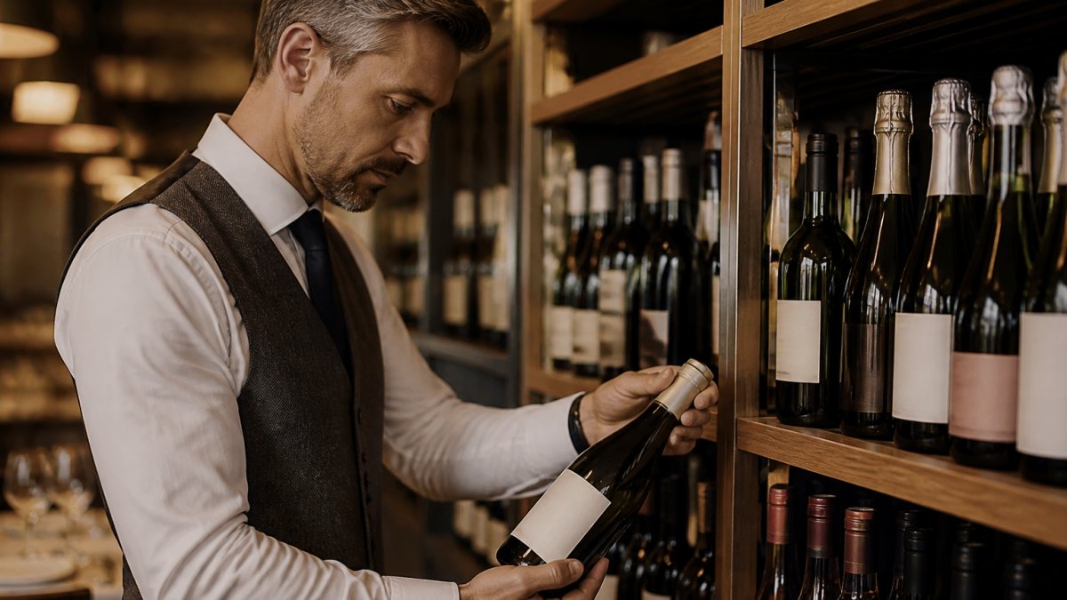 Professional sommelier carefully examining premium alcohol-free wine bottles on restaurant shelf, reading labels with focused attention to detail in warm ambient lighting