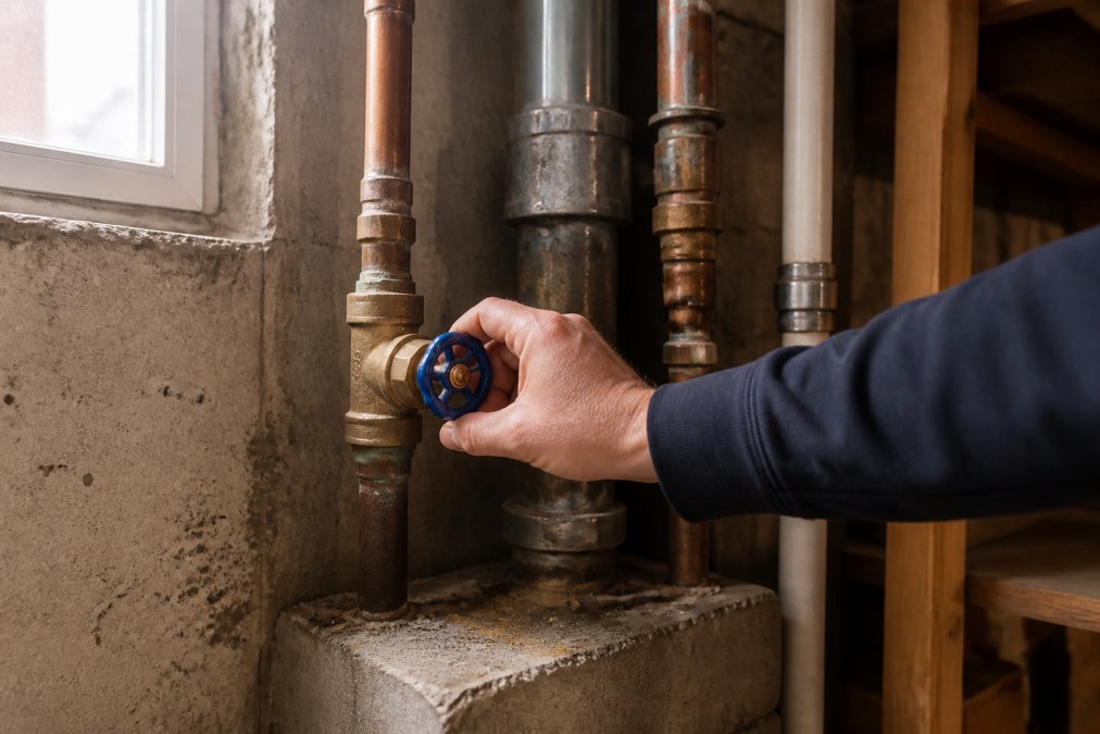Homeowner's hand locating and turning the main water shut-off valve in a basement utility area near the foundation, with pipes visible and natural lighting from a basement window