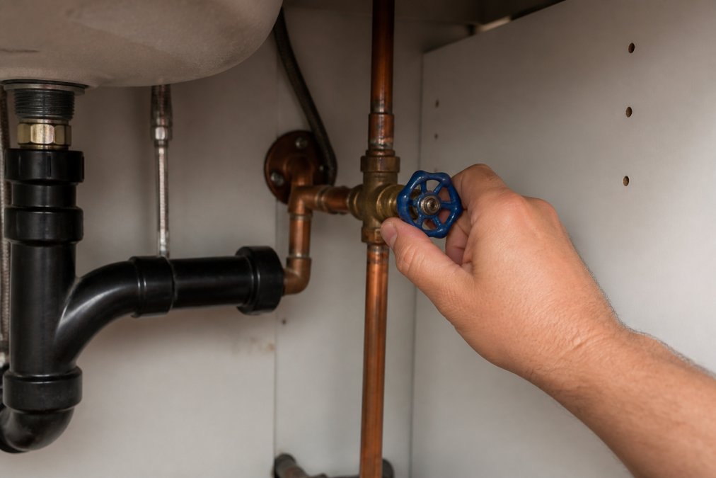 Close-up of a hand turning a main water shut-off valve located under a sink, showing the valve handle and copper pipes in a residential apartment utility area with natural light