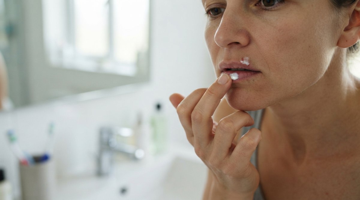 Close-up of a person applying a small amount of white cream to their lower lip with a clean fingertip, soft bathroom lighting, mirror in background