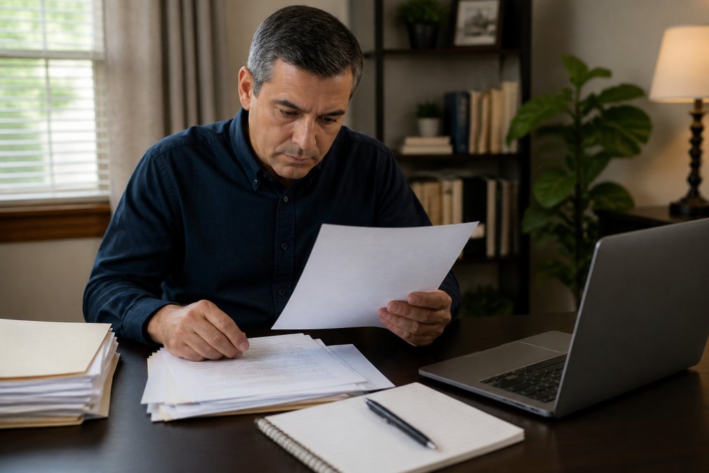 Person sitting at desk reviewing legal documents and a summons, laptop open with notepad for taking notes, organized workspace with papers and pen