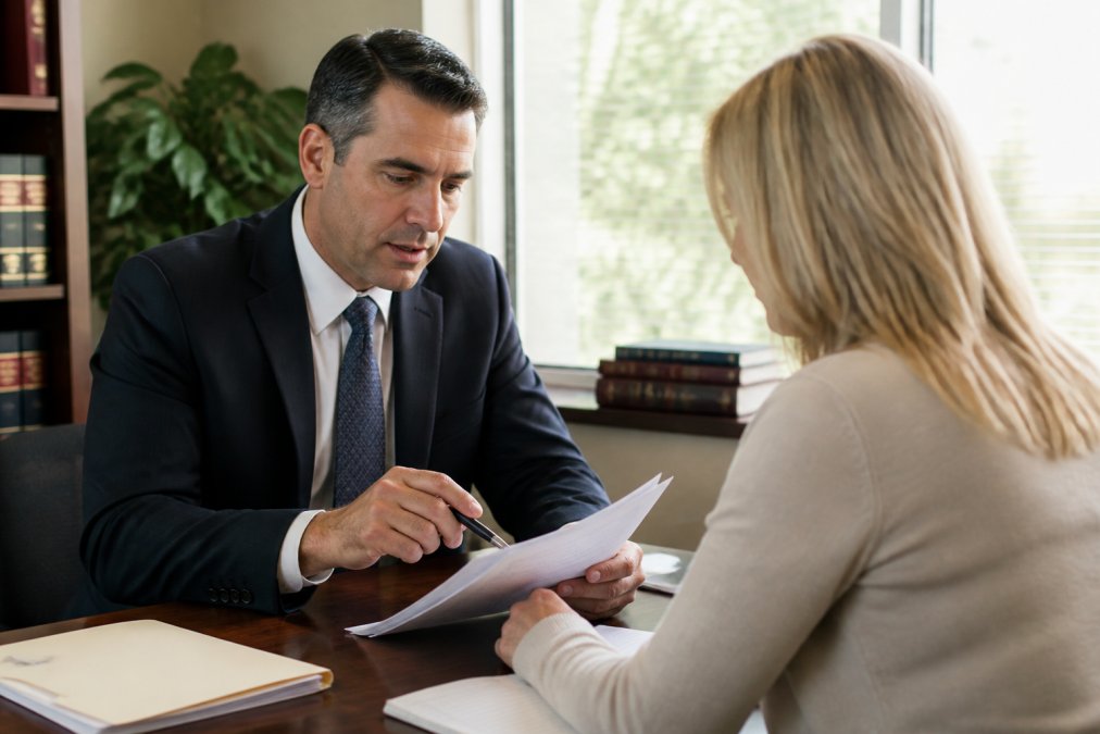 Professional attorney or legal advisor in office consultation with client reviewing debt collection documents, natural office lighting, focused discussion